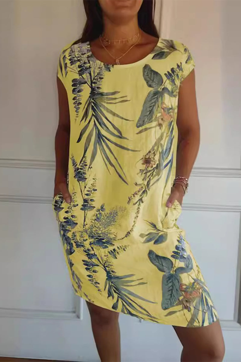 Vestidos casuales estampados con cuello redondo y bolsillos florales