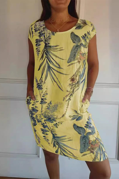 Vestidos casuales estampados con cuello redondo y bolsillos florales