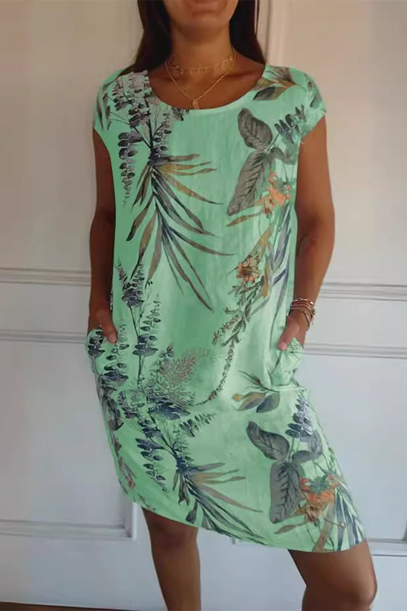 Vestidos casuales estampados con cuello redondo y bolsillos florales
