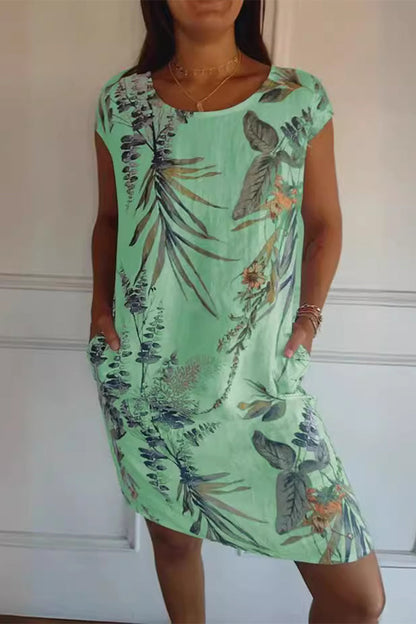 Vestidos casuales estampados con cuello redondo y bolsillos florales