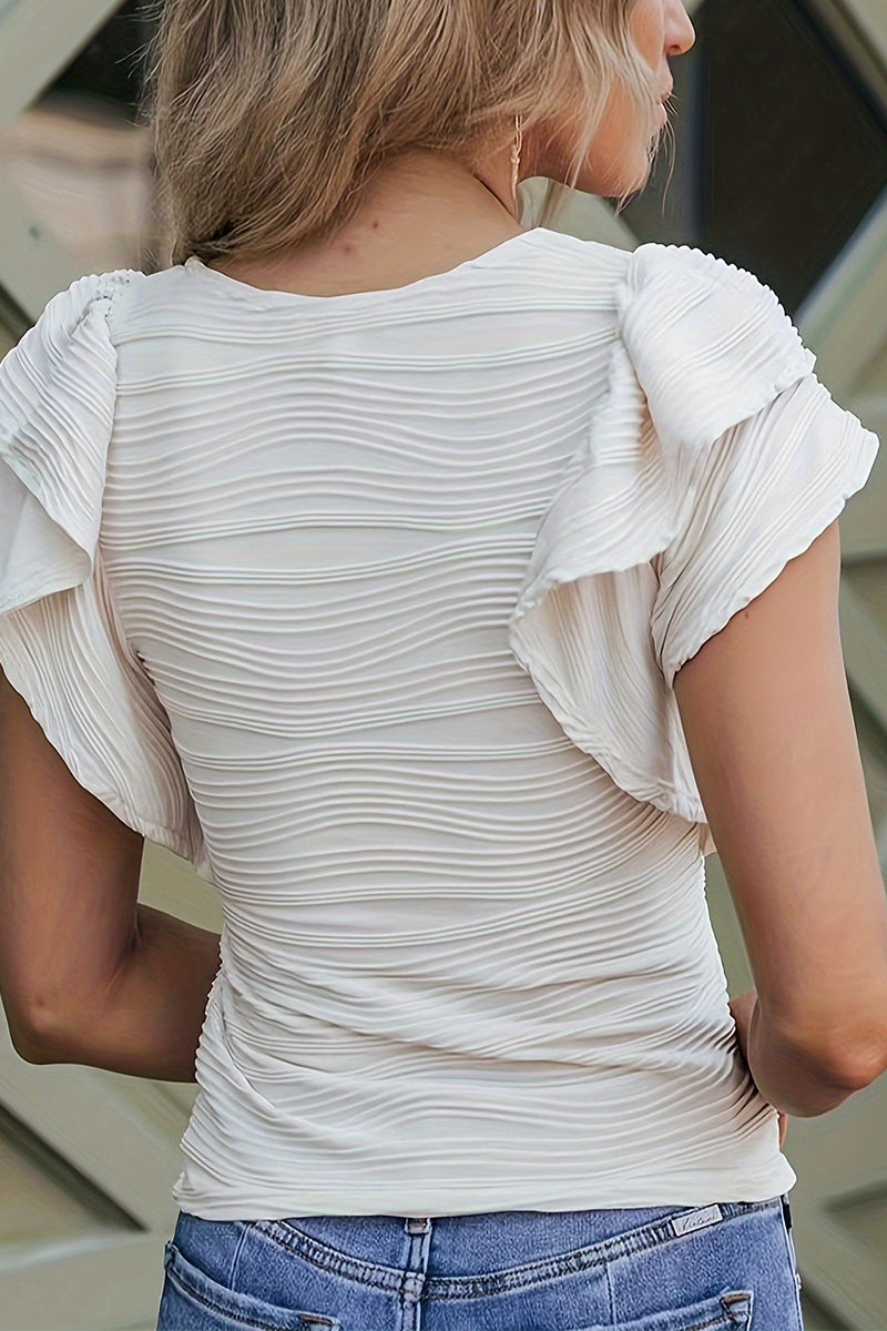 Camisetas de cuello redondo con textura de volantes sólidos y dulces