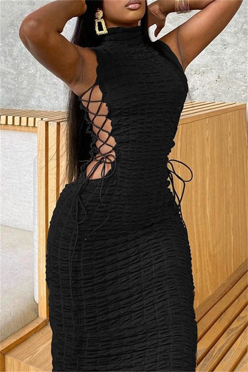 Vestidos sexis casuales de cuello alto sin mangas con frenillo liso