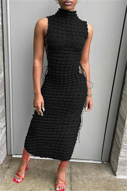 Vestidos sexis casuales de cuello alto sin mangas con frenillo liso