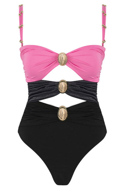 Traje de baño sexy de patchwork con espalda descubierta y contraste (con relleno) (4 colores)