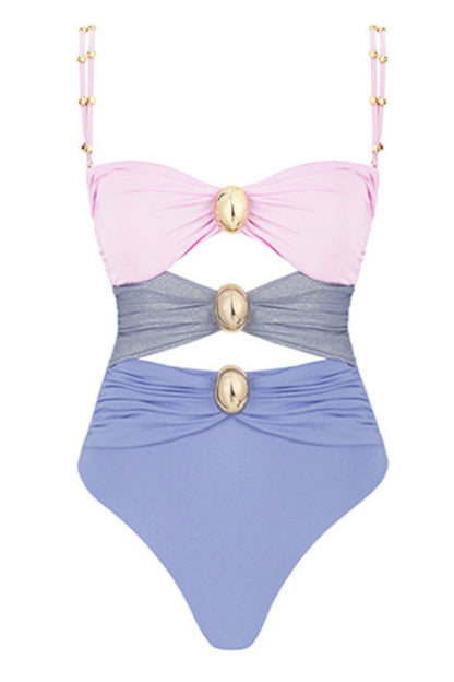 Traje de baño sexy de patchwork con espalda descubierta y contraste (con relleno) (4 colores)