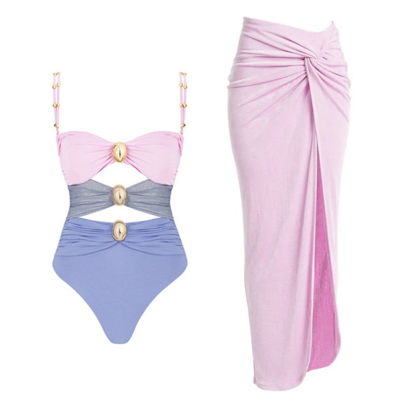 Traje de baño sexy de patchwork con espalda descubierta y contraste (con relleno) (4 colores)