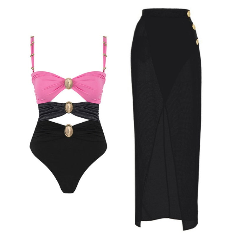 Traje de baño sexy de patchwork con espalda descubierta y contraste (con relleno) (4 colores)