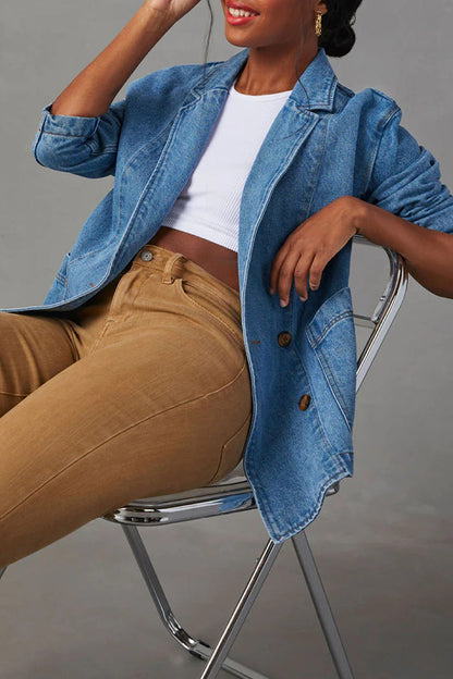 Chaqueta vaquera informal sencilla, holgada, con bolsillos, botones, cuello vuelto y manga larga