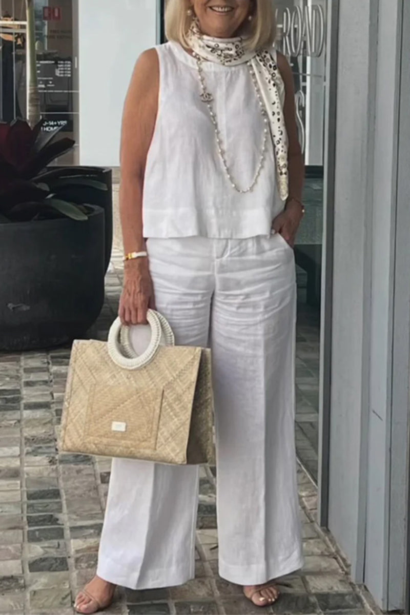 Conjunto de dos piezas sin mangas con cuello redondo y bolsillos lisos de Daily Simplicity