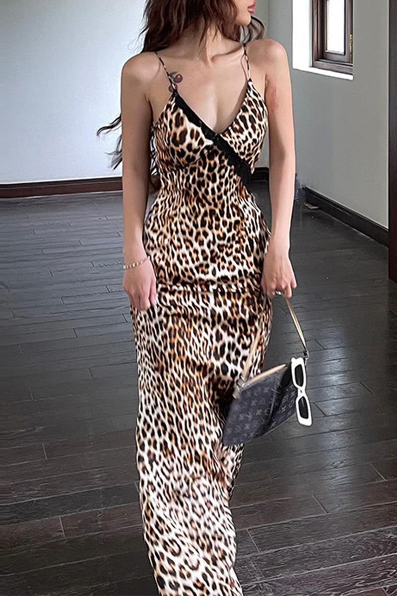 Vestidos sexis vintage de leopardo con espalda descubierta y escote en V, falda de un solo paso