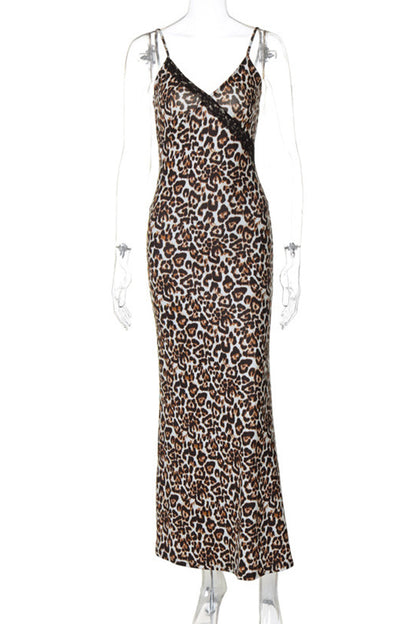 Vestidos sexis vintage de leopardo con espalda descubierta y escote en V, falda de un solo paso