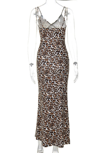 Vestidos sexis vintage de leopardo con espalda descubierta y escote en V, falda de un solo paso
