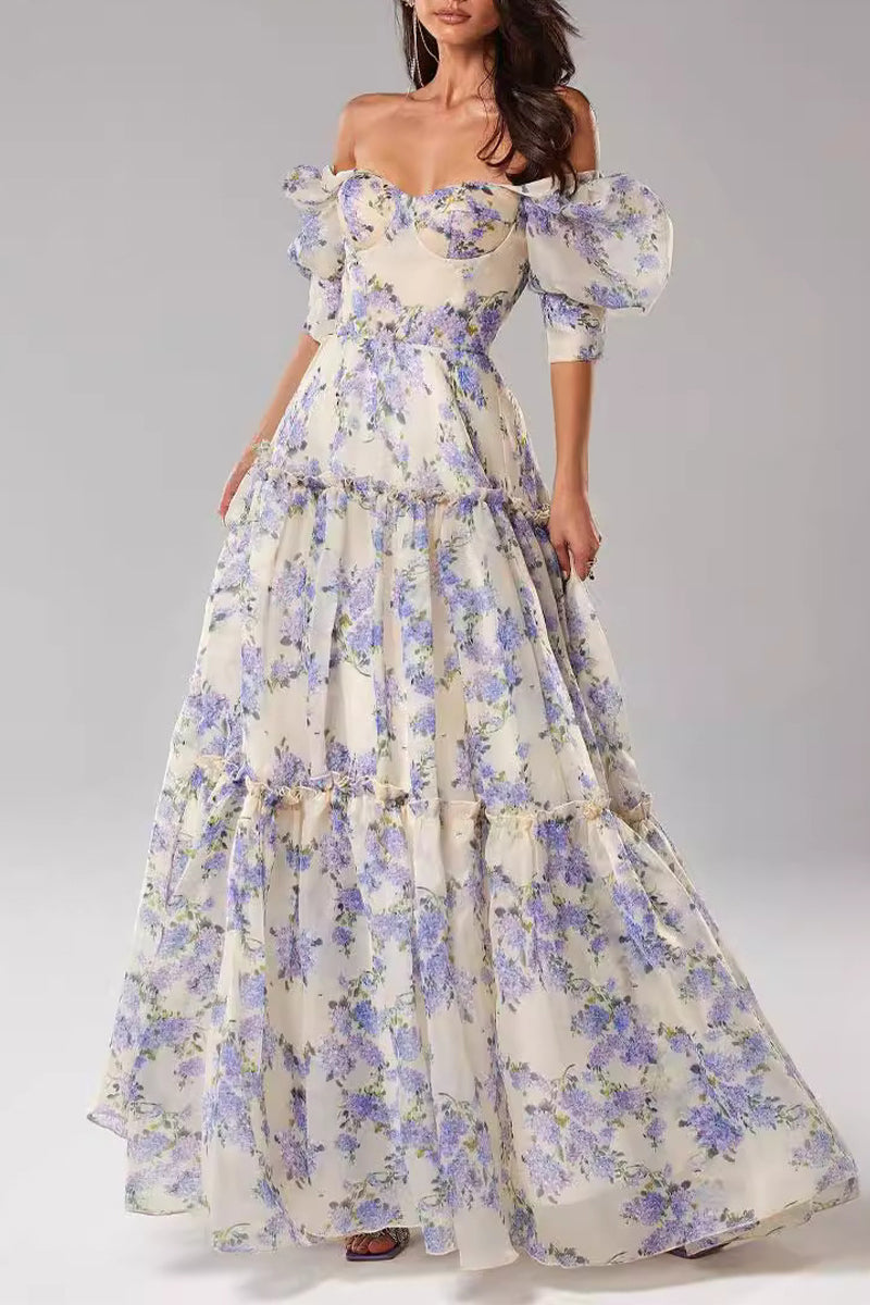 Vestidos de noche elegantes con hombros descubiertos y flores de celebridades