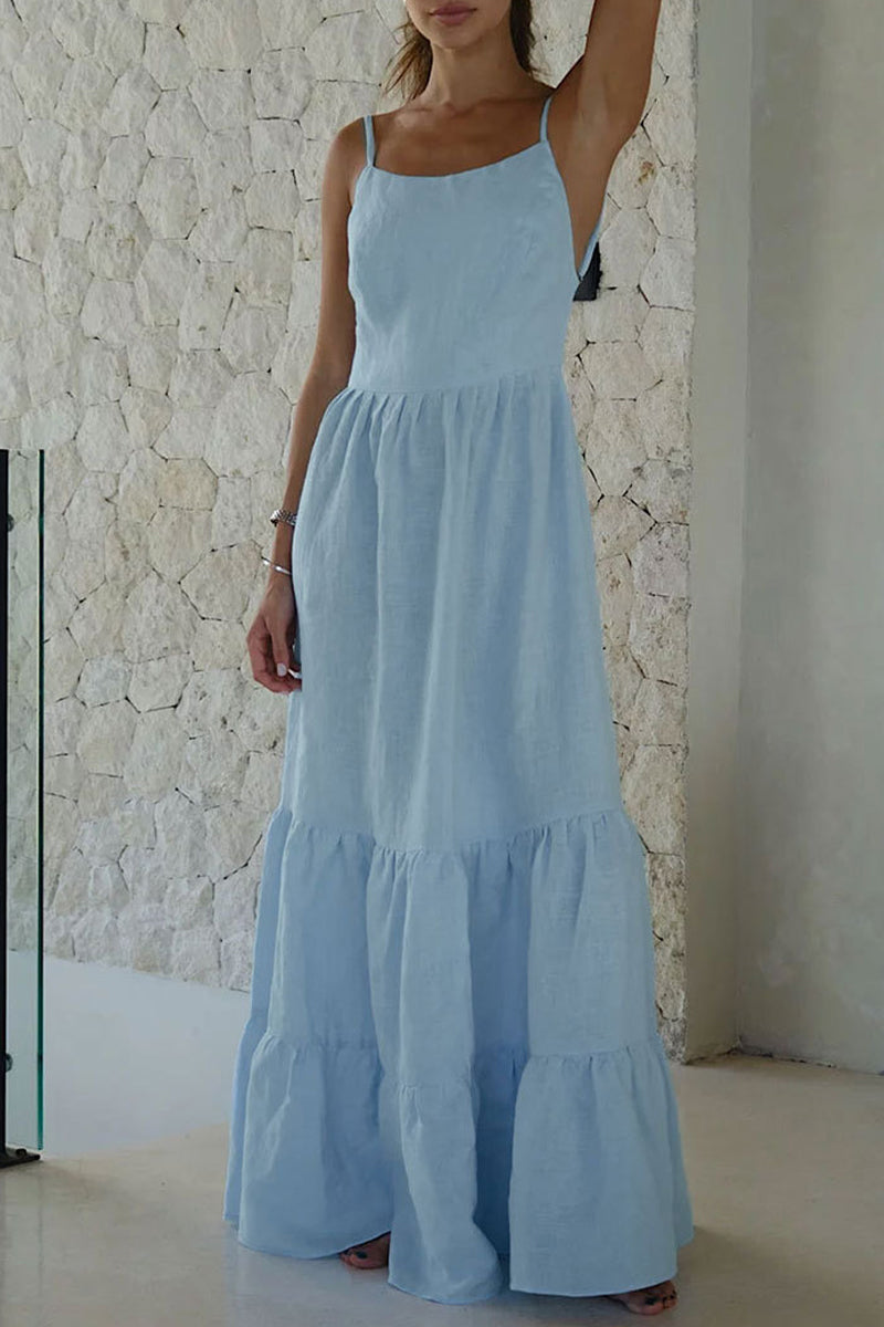 Vestidos sexis de vacaciones con falda pastel, escote en U, espalda descubierta y frenillo liso