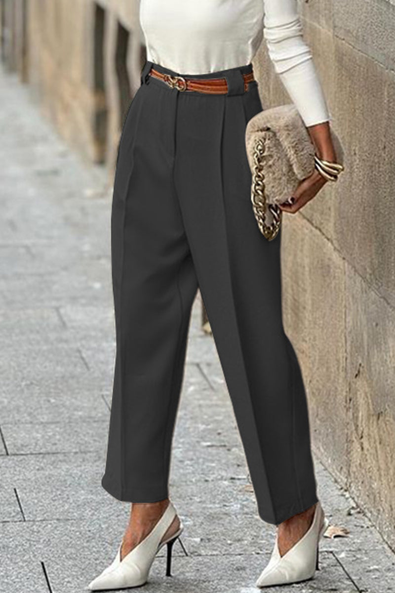 Pantalones casuales de estilo británico, lisos, con bolsillos y sin cinturón, sueltos, de cintura alta, rectos, de color liso (sin cinturón)