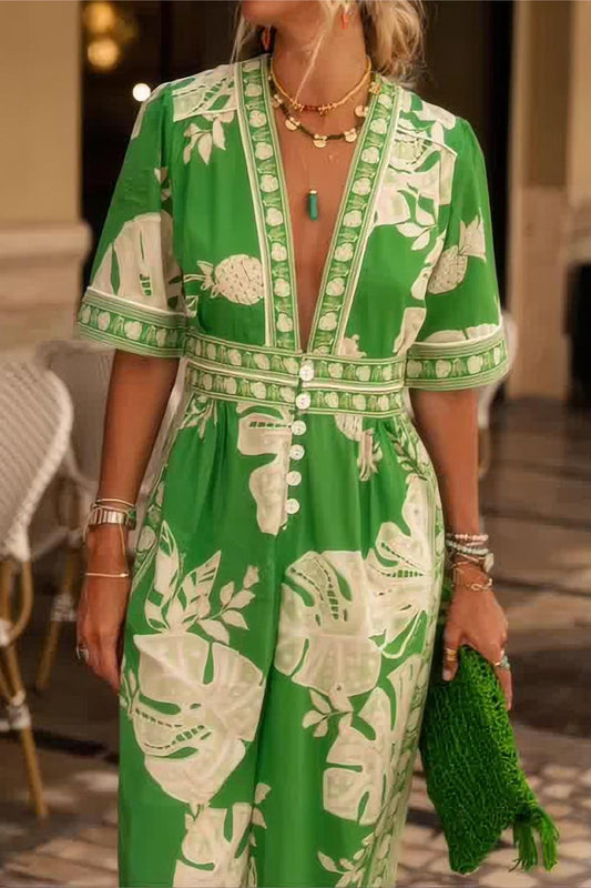 Mono holgado informal vintage con estampado de tótem nacional, bolsillo y cuello en V