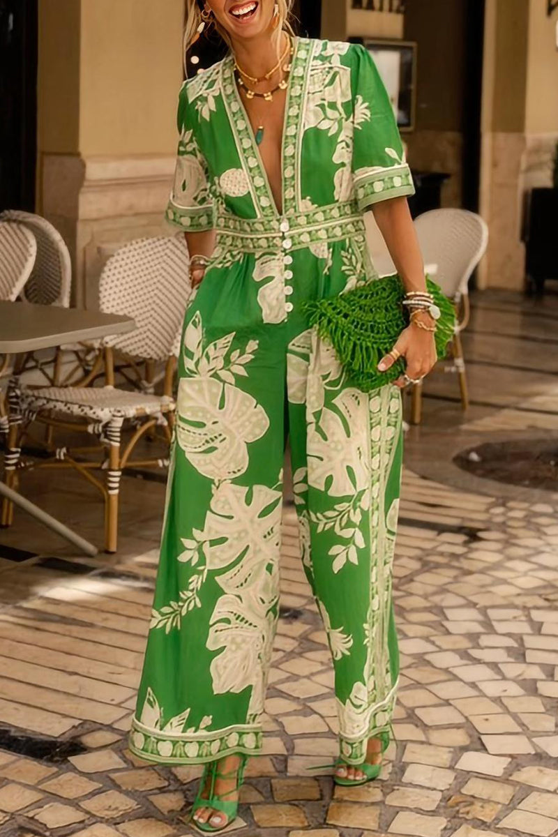 Mono holgado informal vintage con estampado de tótem nacional, bolsillo y cuello en V