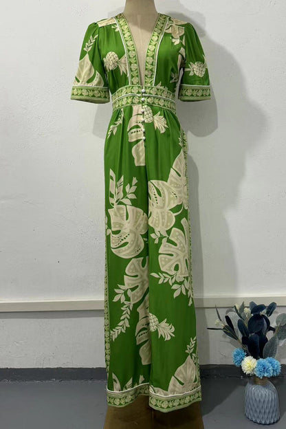 Casual Vintage National Totem Print Pocket V Neck Loose Jumpsuits
