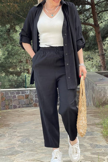 Conjunto informal de dos piezas con cuello vuelto, manga larga y bolsillos sólidos (3 colores)