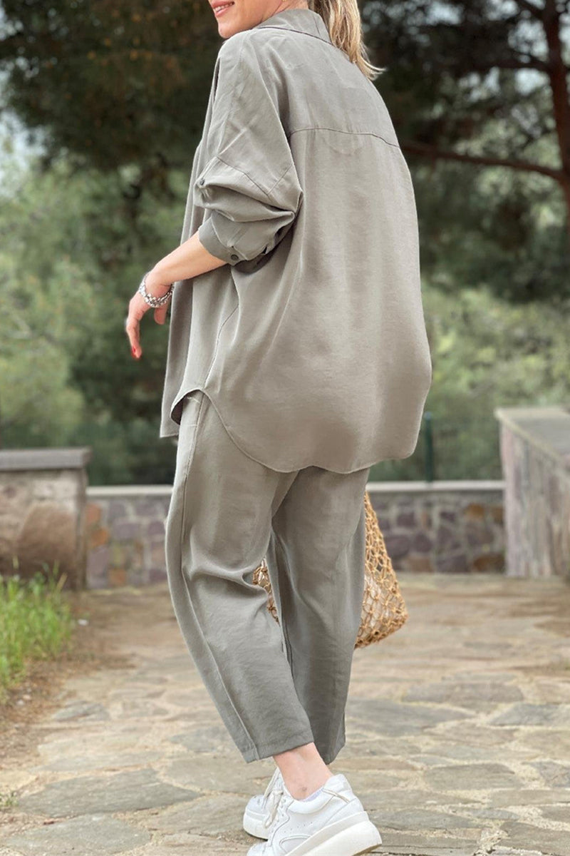 Conjunto informal de dos piezas con cuello vuelto, manga larga y bolsillos sólidos (3 colores)