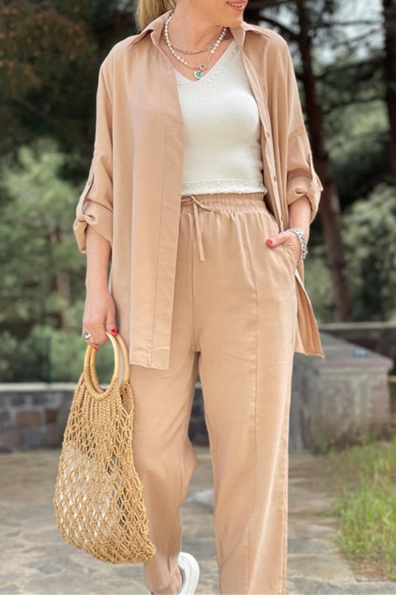 Conjunto informal de dos piezas con cuello vuelto, manga larga y bolsillos sólidos (3 colores)
