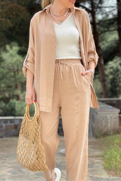 Conjunto informal de dos piezas con cuello vuelto, manga larga y bolsillos sólidos (3 colores)