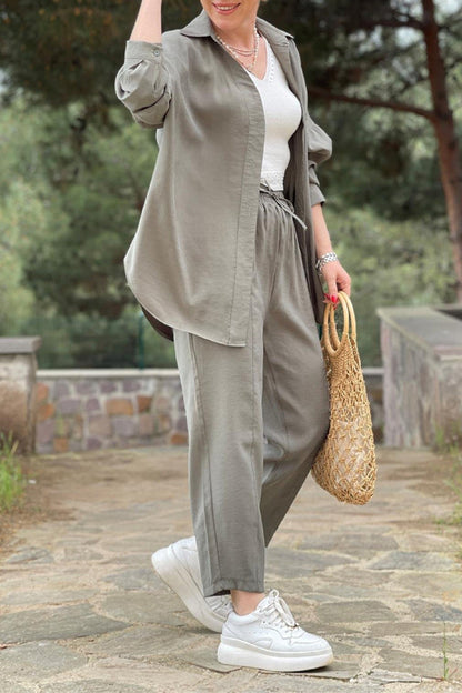 Conjunto informal de dos piezas con cuello vuelto, manga larga y bolsillos sólidos (3 colores)