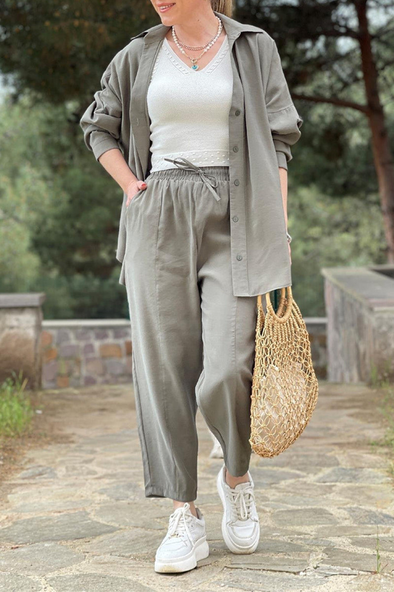 Conjunto informal de dos piezas con cuello vuelto, manga larga y bolsillos sólidos (3 colores)