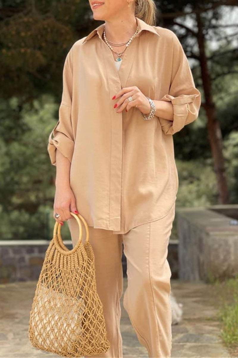 Conjunto informal de dos piezas con cuello vuelto, manga larga y bolsillos sólidos (3 colores)