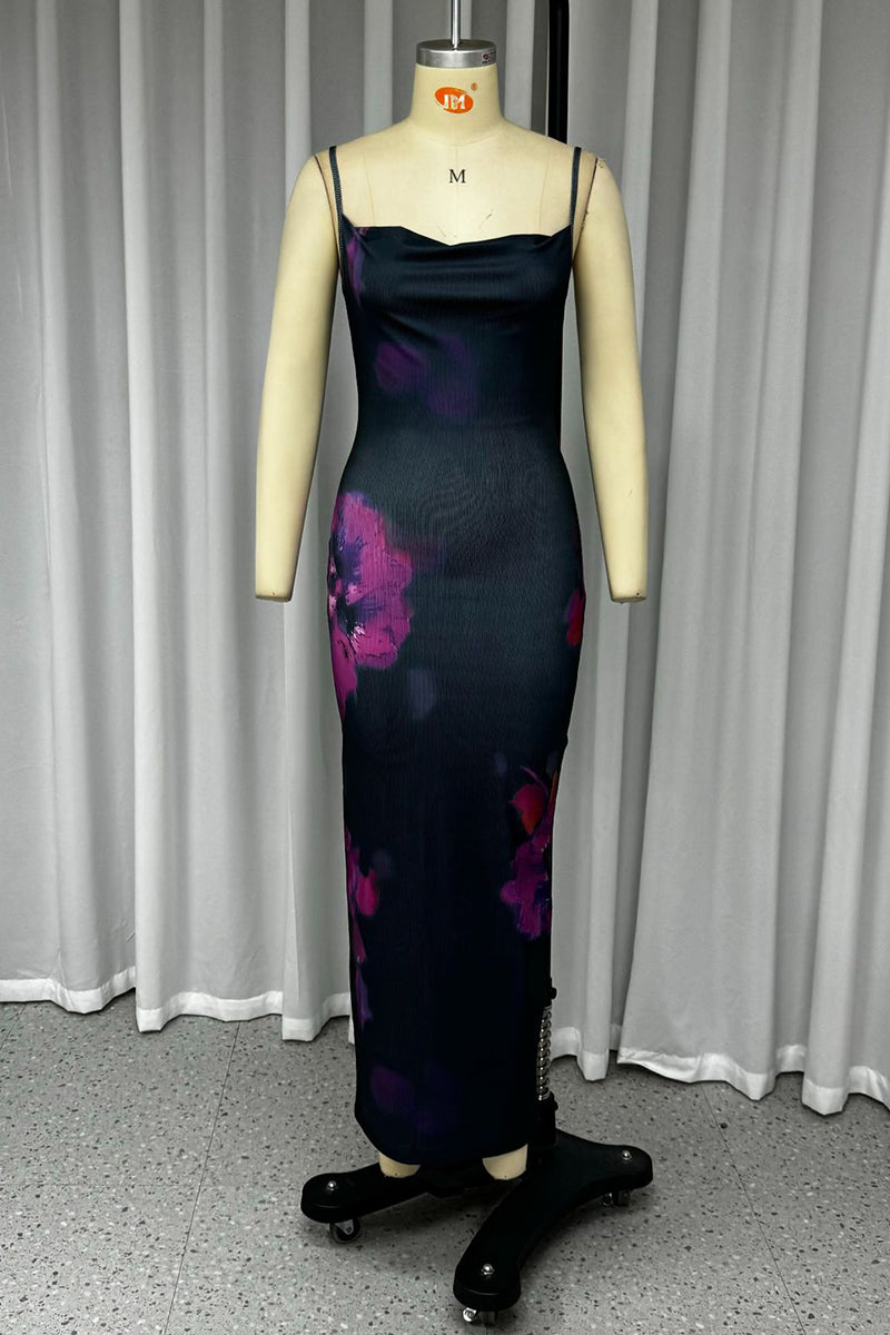 Vestido sexy de una sola pasada con cuello cuadrado plisado y estampado de flores vintage
