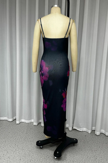 Vestido sexy de una sola pasada con cuello cuadrado plisado y estampado de flores vintage