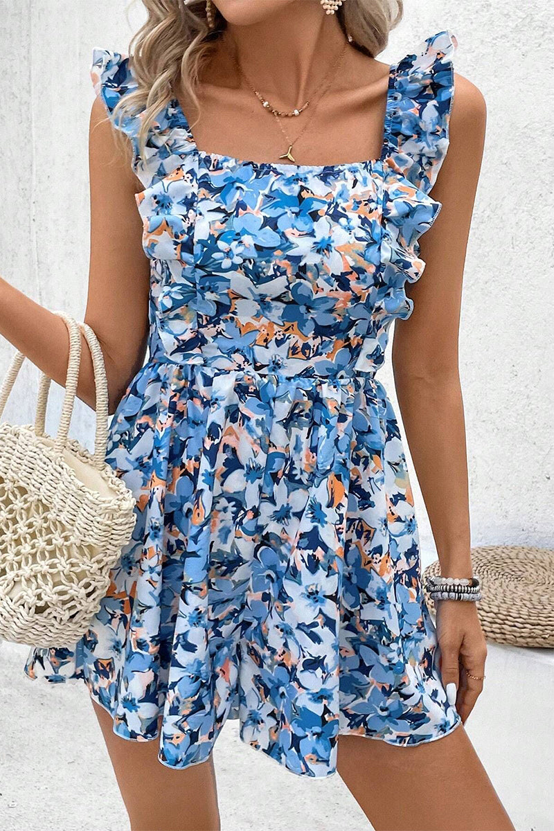 Mono holgado elegante con estampado floral, espalda descubierta, volantes y cuello cuadrado (4 colores)