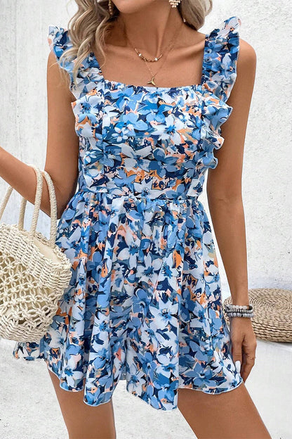 Mono holgado elegante con estampado floral, espalda descubierta, volantes y cuello cuadrado (4 colores)