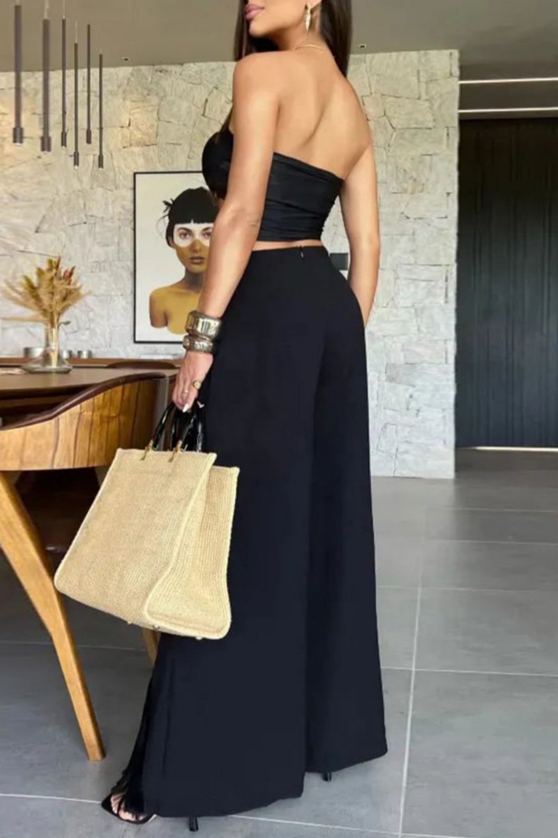 Conjunto de dos piezas sexy informal con borlas sólidas, ahuecado, sin espalda, con abertura y sin tirantes