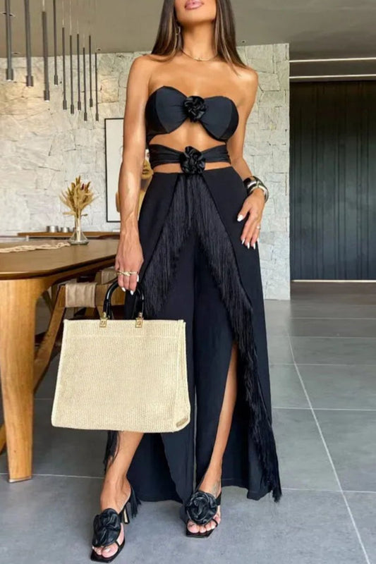 Conjunto de dos piezas sexy informal con borlas sólidas, ahuecado, sin espalda, con abertura y sin tirantes