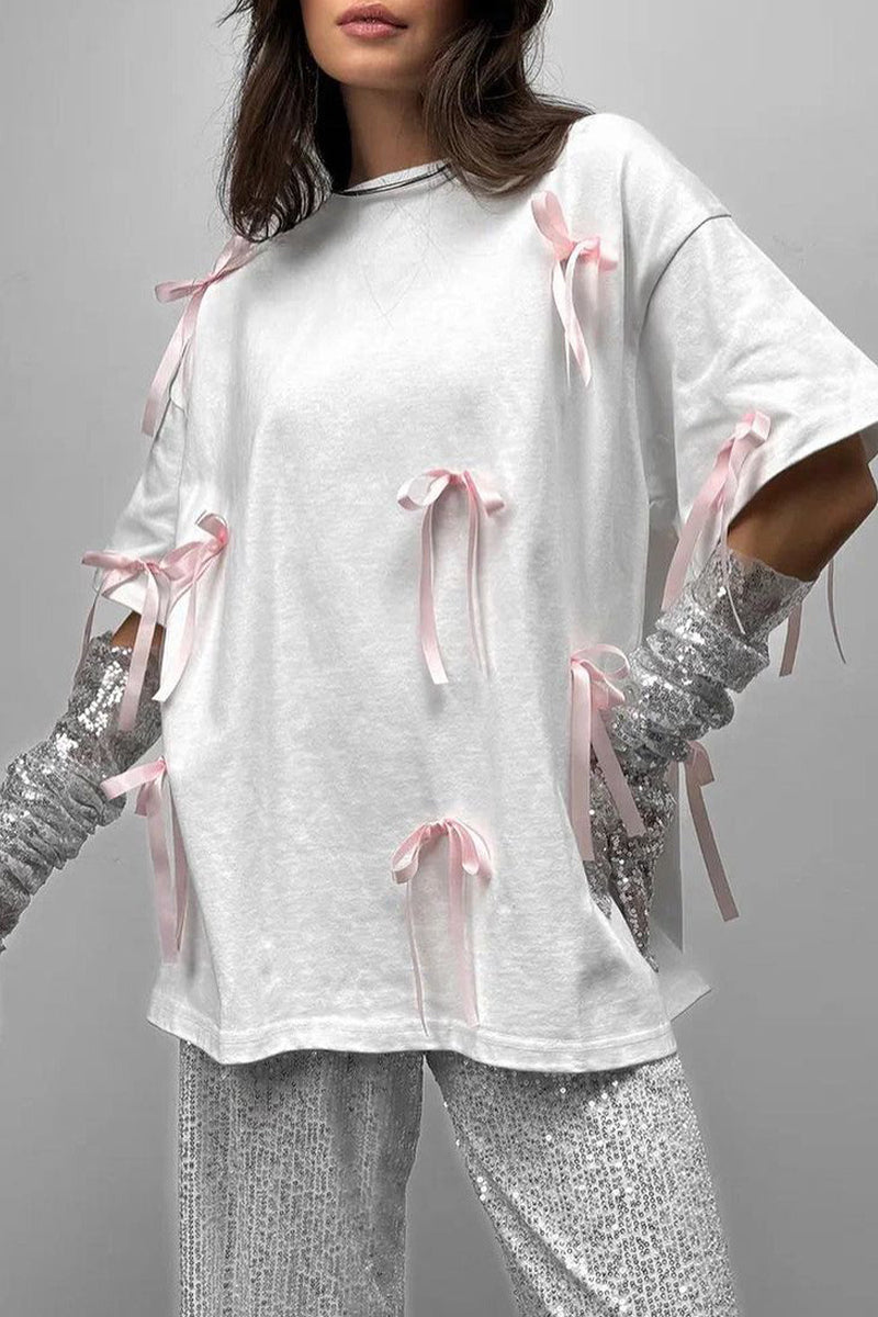 Camisetas lisas de cuello redondo con lazo para uso diario