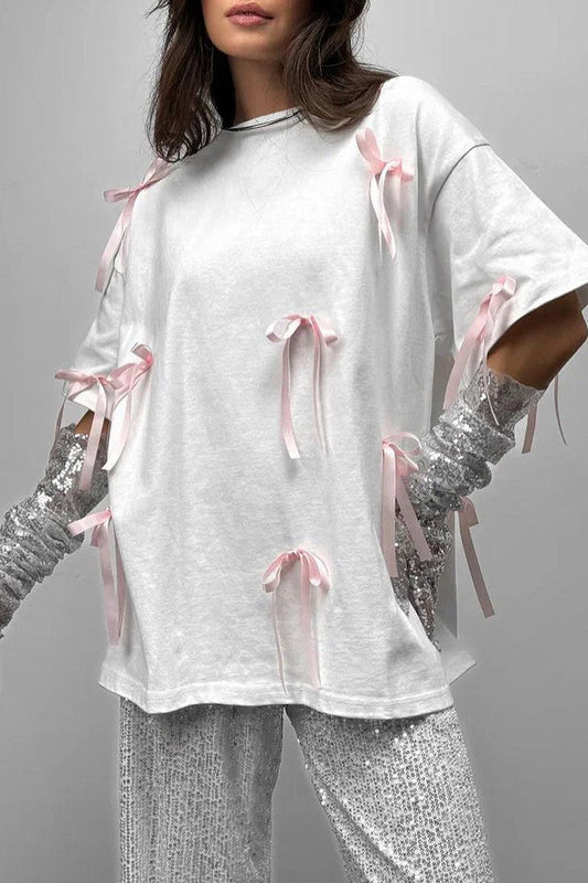 Camisetas lisas de cuello redondo con lazo para uso diario