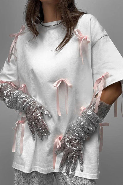 Camisetas lisas de cuello redondo con lazo para uso diario