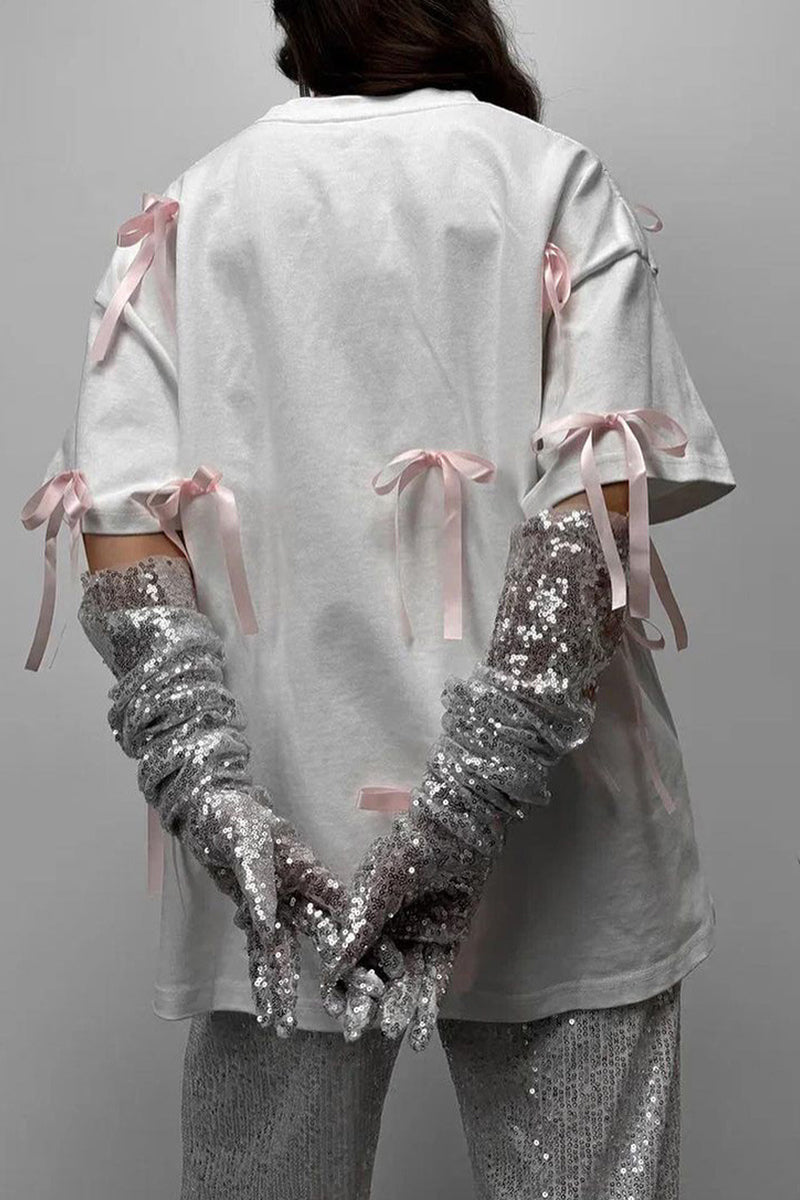 Camisetas lisas de cuello redondo con lazo para uso diario