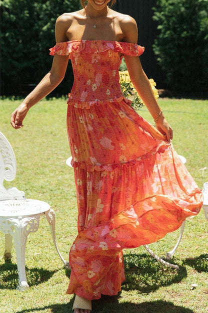 Sweet Elegant Print Flowers Fold Stringy Selvedge Off the Shoulder A Line Dresses(5 Colors)
