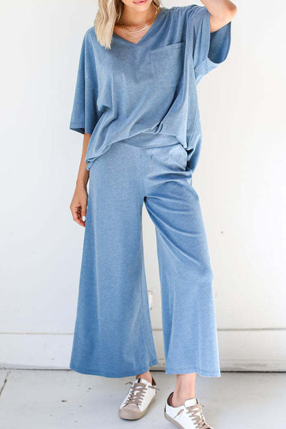 Conjunto informal sencillo de dos piezas con cuello en V, manga corta y bolsillos lisos (4 colores)