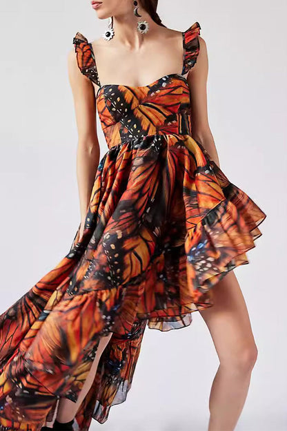 Vestidos asimétricos de cuello cuadrado con volantes y estampado de mariposas sexys