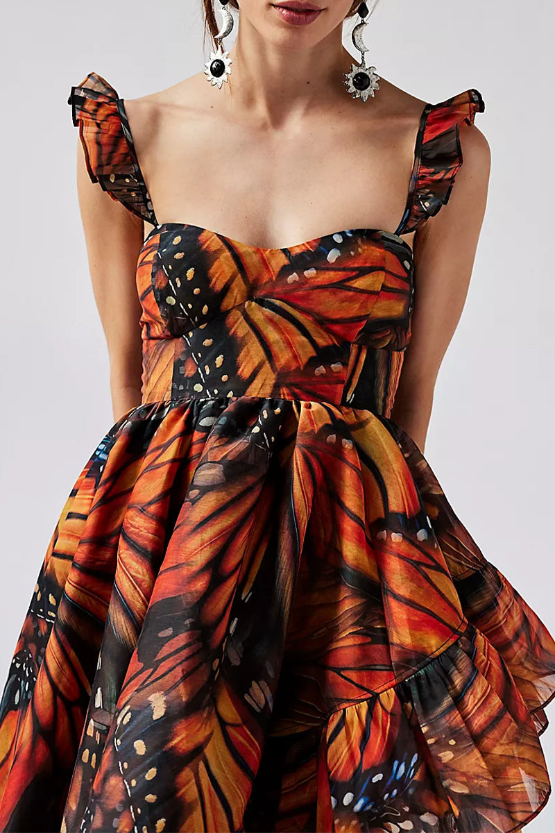 Vestidos asimétricos de cuello cuadrado con volantes y estampado de mariposas sexys