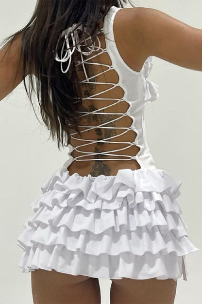 Vestido sexy de fiesta con escote en V, tirantes finos y espalda descubierta, con volantes y falda pastel