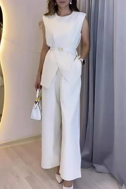 Elegante simplicidad, sólido, bolsillo, cuello redondo, sin mangas, dos piezas