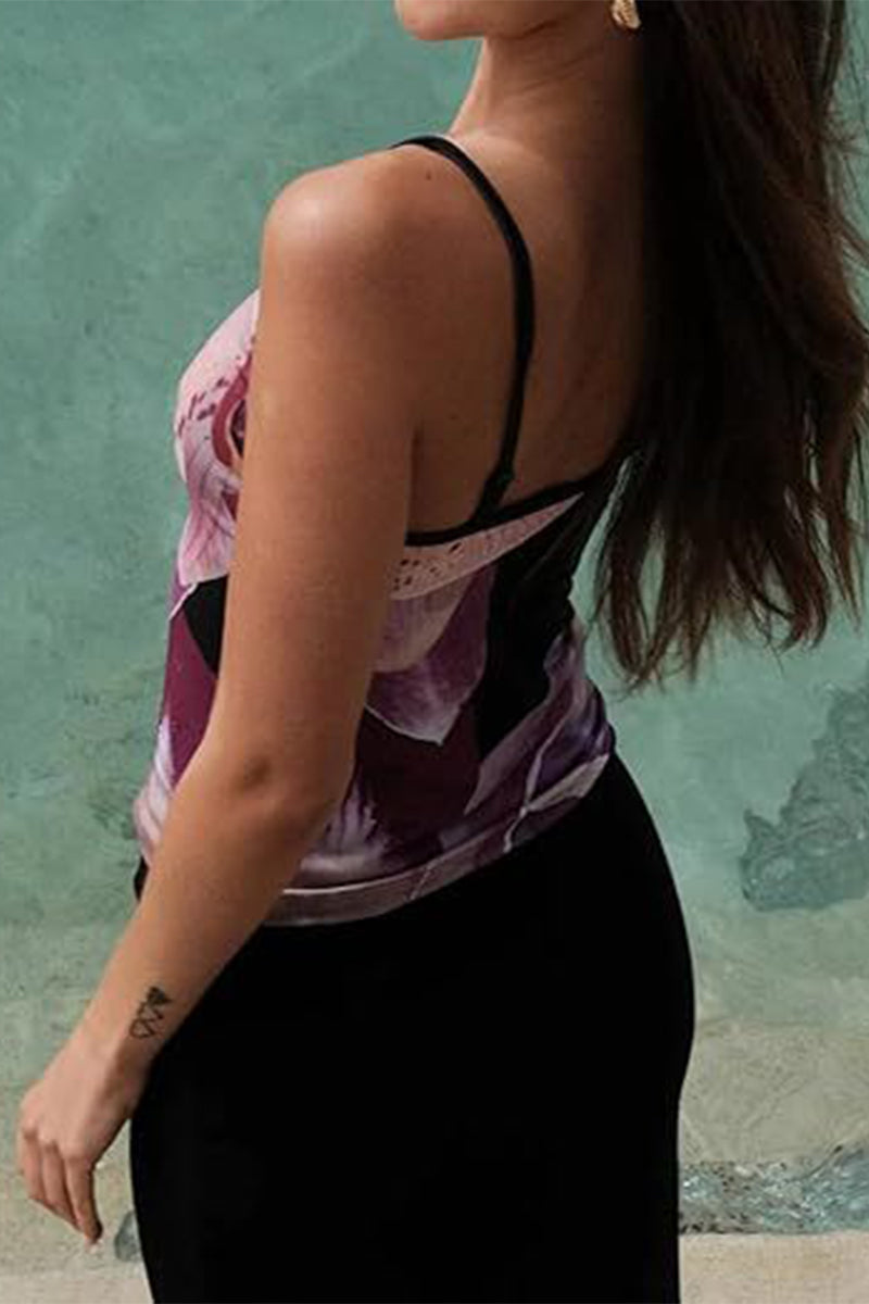 Sexy Floral Contrast U Neck Tops(5 Colors)