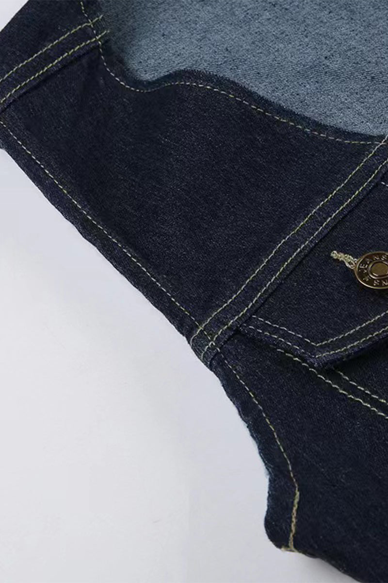 Chaqueta vaquera informal de corte regular, sin mangas, con cuello en V, botones y bolsillos lisos