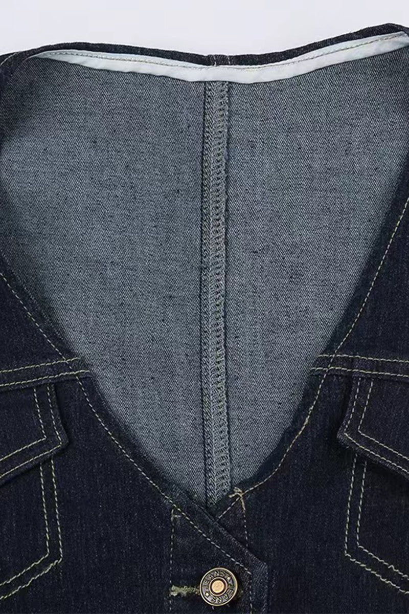 Chaqueta vaquera informal de corte regular, sin mangas, con cuello en V, botones y bolsillos lisos