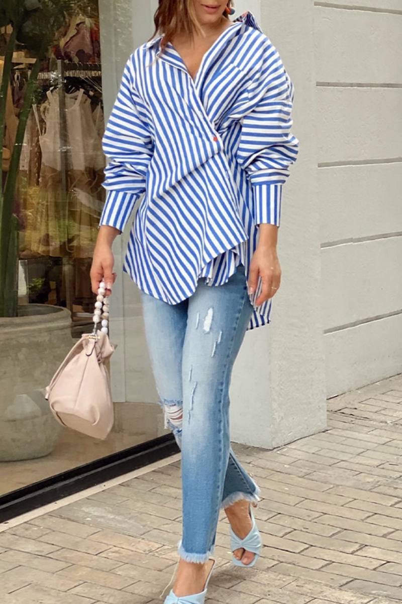 Casual Striped Print Patchwork Asymmetrical Shirt Collar Blouses
