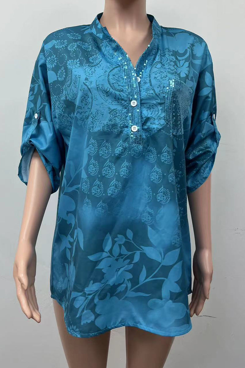 Floral Pocket Contrast Mandarin Collar Blouses(10 Colors)